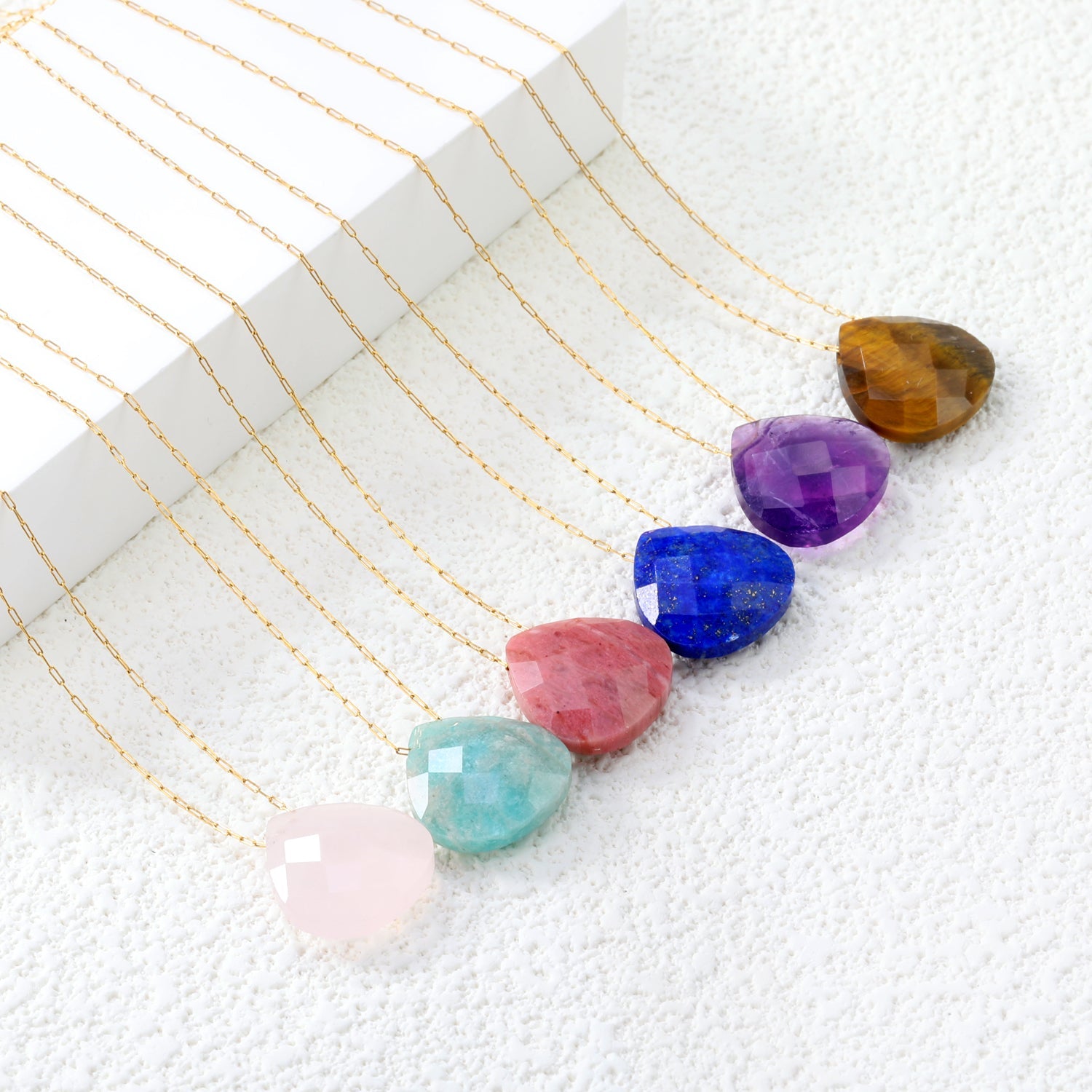 15.3mm Rhodochrosite/Yellow Tiger Stone/Dark Blue Stone/Green Stone/Amethyst/Pink Stone Pendant 0.3 Elongated Chain*40+5cm+6mm Round Plaque Necklace Gold Color asonjewelry